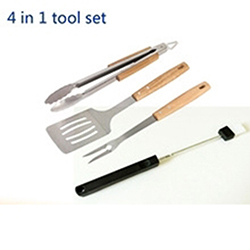 OSCABBQ1125669 4 in 1 wooden handle bbq tool set spatula forks tongs brush